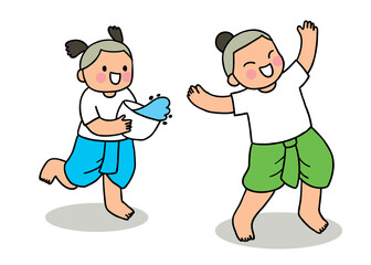 Cartoon cute Songkran festival Thailand, Kids playing water vector.