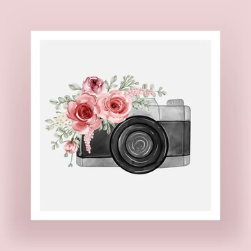 Camera with watercolor flowers bright pink illustration
