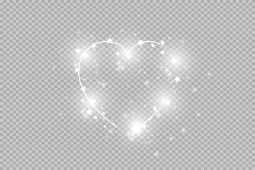A shiny heart sparkles on a transparent background. sparkle background. Flying Christmas stars along the trajectory of the heart. eps 10