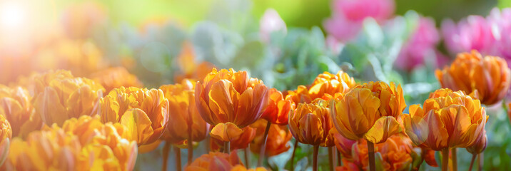 panoramic background of yellow tulips flowers, beautiful flower in garden plant, tulip...