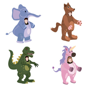 Set Actors in animal Elephant, Wolf, Dinosaur, Unicorn costume. Theme party, Birthday kid, children animator, entertainer wearing performer character for holiday masquerade, carnival. Vector