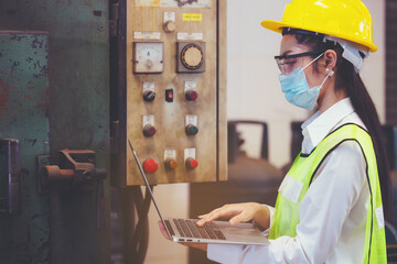 Industrial factory maintenance engineers woman inspect relay protection system of machinery and...