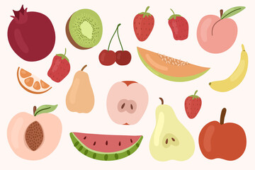 Set of fruits: pomegranate, kiwi, orange, cherry, peach, strawberry, apple, pear, watermelon, melon, banana. Vector hand drawn illustration.