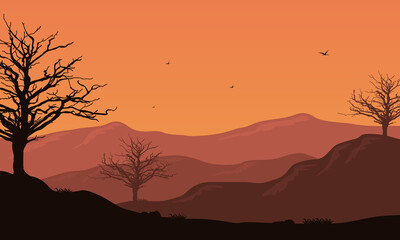 Amazing afternoon view with silhouettes of trees. Vector illustration
