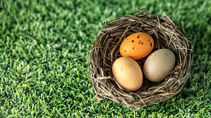 Obraz premium Easter eggs in a natural nest on a green background with grass texture. View from above