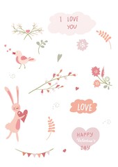 Valentine’s day card with birds, plants, rabbit