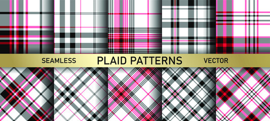 Seamless vector plaid patterns. Set of 10 tartan backgrounds. Collection of stylish geometric designs for fabric, textile, wrapping etc.	