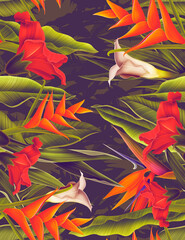 Colourful Seamless Pattern with tropic flowers and leaves.