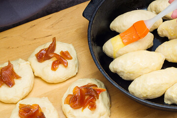 Grease the pie with yolk. The process of making pies with filling Pie is a dish of Russian and European cuisine made from filled dough.