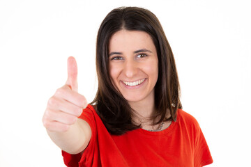 beautiful woman with hand  thumbs up success sign positive gesture smiling and happy over isolated background