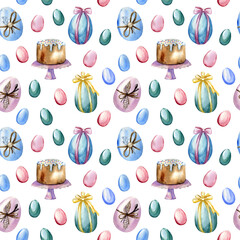 Watercolor hand drawn seamless pattern with traditional Easter cake and colorful shiny eggs on white background. Festive Easter pattern for textile, wrapping or scrapbooking.