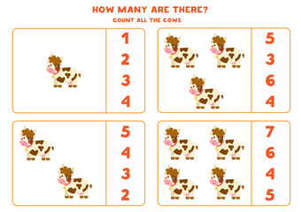 Counting game with farm cows. Math worksheet.