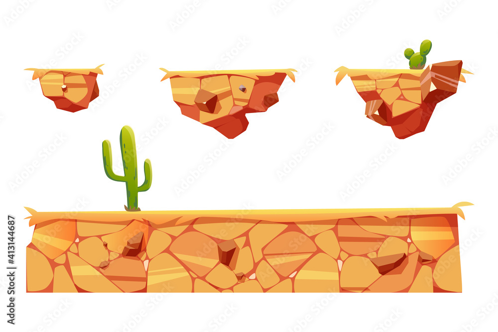 Poster platforms with desert landscape and cactuses for game level interface. vector cartoon set of gui ele