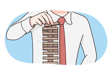Business strategy, risks, planning concept. Hands of businessman placing wooden block in tower trying to be careful with all tasks and achieve targets in business vector illustration 