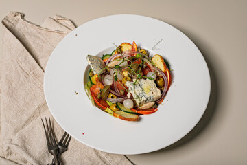Vegetable salad with bloody orange and blue cheese. Vegetarian dish. Detox food