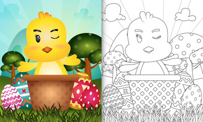 coloring book for kids themed happy easter day with character illustration of a cute chick in the bucket egg