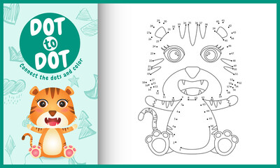 Connect the dots kids game and coloring page with a cute tiger character illustration