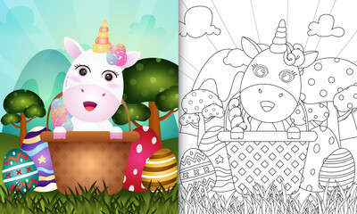 coloring book for kids themed happy easter day with character illustration of a cute unicorn in the bucket egg