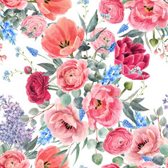 Beautiful vector seamless floral pattern with watercolor gentle red summer flowers. Stock illustration.