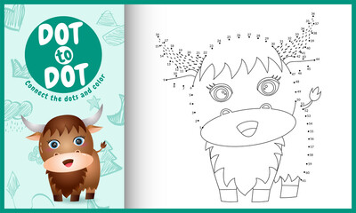 Connect the dots kids game and coloring page with a cute buffalo character illustration