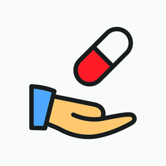 Drug in hand icon. Isolated tablets vector sign design