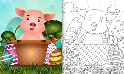 coloring book for kids themed happy easter day with character illustration of a cute pig in the bucket egg