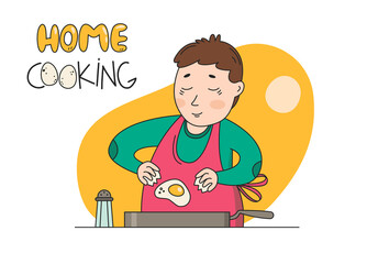 Mascot for a cafe. Home cooking, at home, man preparing breakfast, scrambled, eggs, omelet, hobbies, self-isolation, pleasant pastime. Flat illustration with guy and food. Healthy food. Homemade