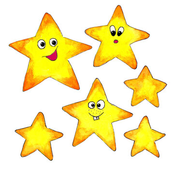 Watercolor set of stars with face. Children's funny illustration of gold stars with different emotions smile, surprise. The sketch is isolated on a white background. Drawn by hand.