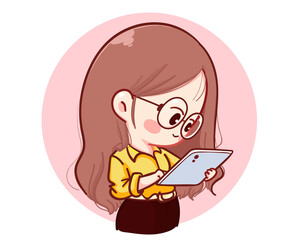 Beautiful young businesswoman checking her tablet cartoon illustration