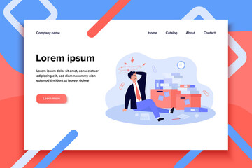 Tired frustrated office man working among piles of papers, stacks of documents and folders, suffering from headache. Flat vector illustration for bureaucracy, paperwork, overwork concept