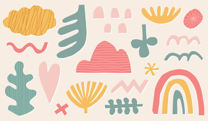 Abstract shapes set. Vector doodle organic elements with hand drawn scribble texture: leaf, rainbow, flower, wave, cloud, heart. Modern trendy geometric design for fabric or textile.