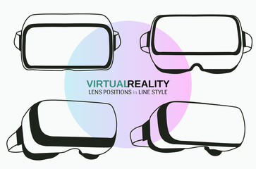 VR Virtual Reality glasses in 4 different lens position: looking up, side, sideways and front head-on. Line flat style in black and white. Vectorized image set.