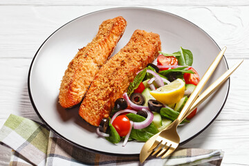 Panko crusted baked salmon fillets, veggies salad