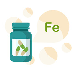 a jar of capsules with the mineral iron. Air bubbles in the background. Preventive medicine concept. 
