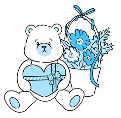 プレゼントを抱いたクマとお花