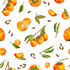 Seamless pattern with persimmon fruit, slices cut, branches, leaves, seeds. Isolated on white background. Perfect for printing on the fabric, design package and cover, wrapping paper, farmers market
