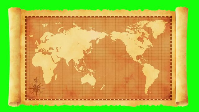 Old vintage world map opening animation movie (4K, MP4). Green background for transparent use.
