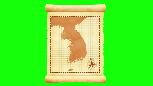 Old vintage Korea map opening animation movie (4K,MP4). Green background for transparent use.