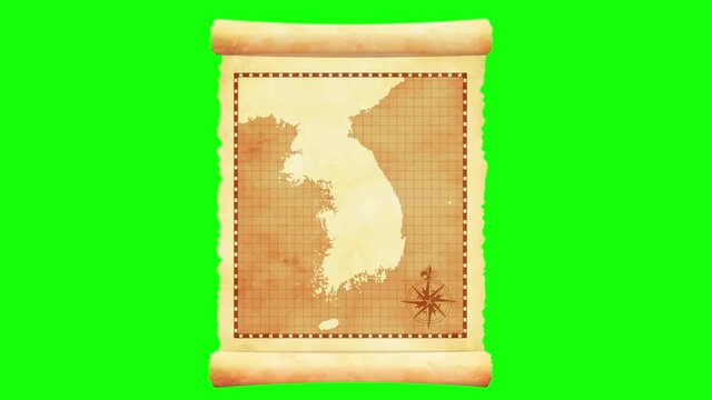 Old vintage Korea map opening animation movie (4K,MP4). Green background for transparent use.