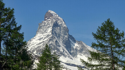 extreme close up of the matterhorn mountain from the village of zermatt