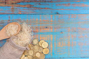 Coins and Rice. Zakat concept. Zakat is a form of alm-giving as a religious obligation