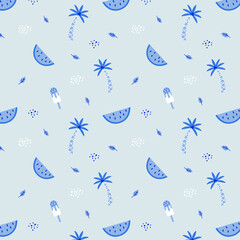 Summer seamless pattern with surfboards, palm trees and shells. Cute sea background. Perfect for fabric, textile and wrapping paper. Vector illustration
