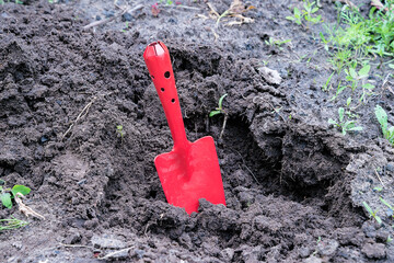 Spring gardening concept. Red gardening shovel in the black soil close up