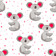 Seamless pattern with cute koala baby and hearts on polka dots background. Funny australian animals. Card, postcards for kids. Flat vector illustration for fabric, textile, wallpaper, poster, paper.