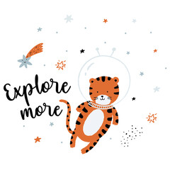 Cute baby astronauts tiger exploring space. Hand drawn vector illustration of baby tiger in space.Design for cards, posters, cards, t-shirts, book, wrapping.