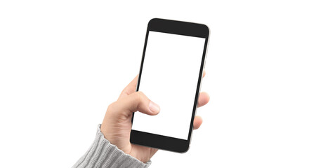 Hand holding smartphone device touching screen