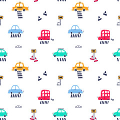 Seamless pattern with hand drawn cars print. Cartoon skyscraper, cars, road sign,zebra crossing vector illustration.Perfect for kids fabric,textile,nursery wallpaper
