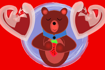 Teddy bear with strawberries and hearts on a bright red background
