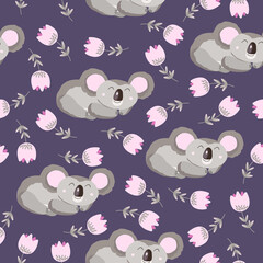 Seamless pattern with cute koala baby and flowers on color background. Funny australian animals. Card, postcards for kids. Flat vector illustration for fabric, textile, wallpaper, poster, paper.