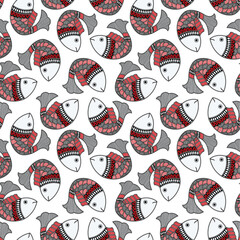 Indian folk seamless print. Madhubani seamless pattern of fish.Colorful Vector hand drawn flat illustration for fabric, print, wrapper, textile.
